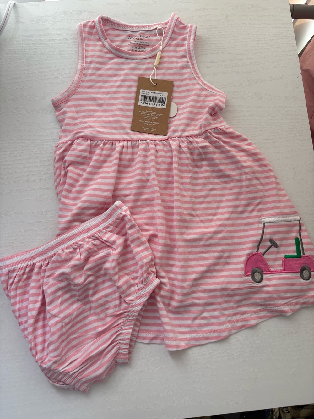 Pink Striped Girls' Pajama Dress Set with Golf Cart AppliquΓ©